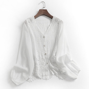 l416雪纺衬衫女装，夏季蕾丝镂空钩花拼接衬衣，开衫长袖短款上衣
