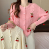 大码韩版樱桃麻花毛衣外套女设计感针织开衫