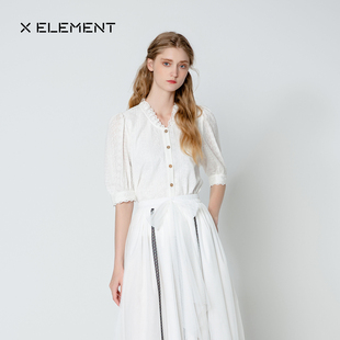 自然元素花边灯笼袖绣花小衫白色中袖衬衫女设计感小众衬衣2024新