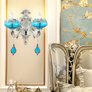 欧式水晶壁灯现代银色床头，卧室客厅灯电视，背景墙法式蓝色过道灯具