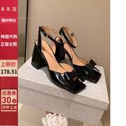 BB_古 真皮2024年韩国公主女鞋蝴蝶结时尚凉鞋高跟粗跟鞋甜美