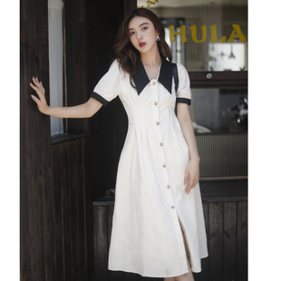 衬衫裙夏季2024奶白色，娃娃领收腰显瘦气质，茶歇法式连衣裙女
