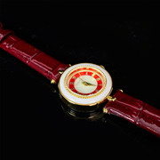 香港安伯曼和田白玉圆盘酒红色真皮表带鳄鱼纹手表