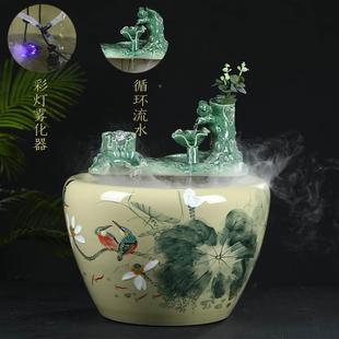 l景德镇陶瓷鱼缸客厅，喷泉循流水鱼环家用大号，财招摆件鱼缸缸