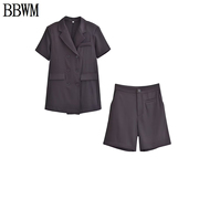 BBWM 欧美女装时尚休闲黑色西装短袖上衣短裤套装