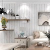 白色条纹复古地中海风格怀旧木纹，仿木板墙纸卧室客厅背景自粘壁纸