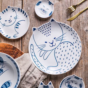 日系猫手绘釉下彩餐具 陶瓷家用沙拉碗碟鱼盘子菜盘西餐饭碗汤碗