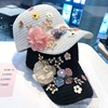 帽子女韩版潮夏季蕾丝，花朵鸭舌帽时尚，带钻防晒镂空遮阳帽白色凉帽