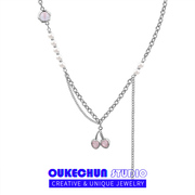 oukechun粉色樱桃拼接珍珠项链女小众，轻奢甜酷清新网红吊坠锁骨链