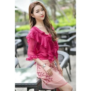 2021夏季女韩版气质名媛显瘦短袖玫红V领雪纺衫小衫上衣衬衫