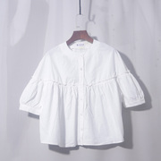 白色圆领娃娃款落肩款衬衫，法式设计纯棉小衫上衣衬衣