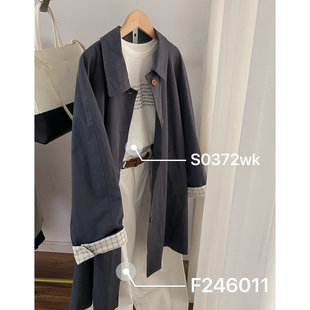 F246128袖子格纹卷边气质灰蓝色系水洗棉风衣 外套女2024春