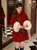 红色双面羊绒大衣女富家千金真狐狸毛系带(毛，系带)白色小个子斗篷毛呢外套