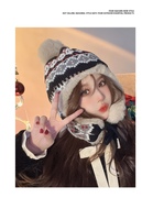 日系民族风提花针织帽子女秋冬季加绒雷锋帽出游滑雪帽护耳毛线帽
