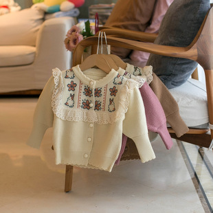 女宝宝森系蕾丝毛衣，开衫婴儿童，秋装女童毛线外套小女孩针织衫