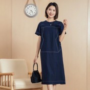 yun韫2023夏季女装圆领套头短袖，显瘦版宽松长连衣裙b23212778