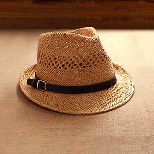 度假帽子男自然休闲海边沙滩，帽春夏皮带，镂空草帽小礼帽英伦爵士帽