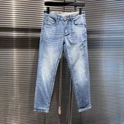 欧洲站夏季男士牛仔裤小脚修身高端潮牌百搭薄款浅蓝白色休闲长裤