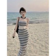 XMQ 2024夏季法式气质裙子黑白条纹针织抹胸背心半身裙套装女