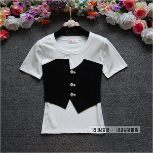 夏季新韩式假两件套黑白色拼接不规则圆领修身短袖T恤女上衣打底