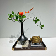 古典现代新中式茶几托盘金色，铜香炉组合亚克力罩嵌铜，托盘花器摆件