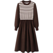 Q3连衣裙 秋冬女装针织黑白条纹拼接显瘦圆领长袖气质中长裙