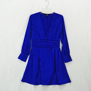 外贸原单女装时尚v领长袖设计感褶皱收腰气质显瘦宝蓝色a字连衣裙