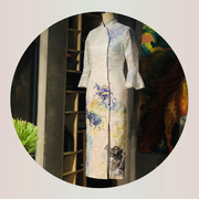 米个高定 新中式重工刺绣水墨印花钉珠旗袍连衣裙 喇叭袖婚纱礼服