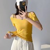 2023年夏季t恤女短袖v领棉性感，小心机一字领显瘦上衣，姜黄色(姜黄色)