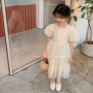 韩版儿童裙子22夏季女童洋气，蕾丝花边泡泡袖公主裙点点连衣裙