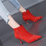 马丁靴女欧美冬季尖头细跟高跟短靴水钻女靴子红色婚鞋OL