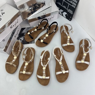 外贸女鞋大码波西米亚凉鞋，2024民族风手工，串珠编织女罗马凉鞋