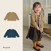 韩国amber春秋女童，镂空长袖针织衫纯色，开衫外套