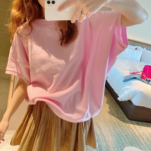 韩国东大门2023夏季女装甜美粉色，舒适百搭圆领宽松蝙蝠衫套头卫衣