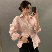 韩国chic夏季甜美气质翻领系带收腰显瘦撞色条纹长袖衬衫上衣女