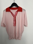 小清新丝质开衫 淡粉色海军领带拼色短袖针织衫女 女短袖