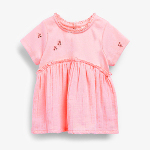 女童粉红色短袖t恤宝宝，纯棉绣花夏装儿童，韩版娃娃衫蕾丝立领上衣8