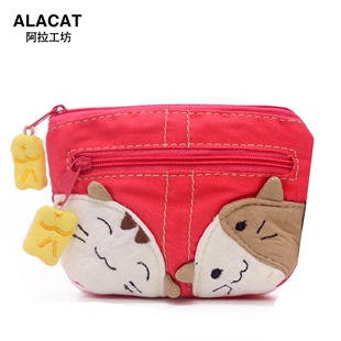 韩版潮流女包阿拉猫可爱口袋零钱包 三拉链布包 女士迷你钱包卡包
