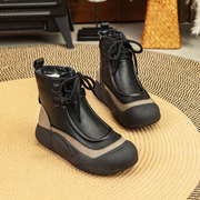 牛皮u型雪地靴女2024冬季黑色大码靴子，41-43加厚真皮厚底短靴