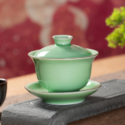 龙泉青瓷三才盖碗单个茶杯，家用陶瓷中式功夫茶具手工敬茶杯泡茶碗