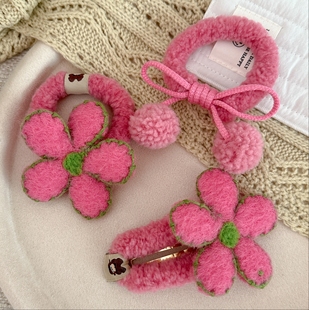 草莓粉色系~甜美可爱羊毛毡花朵发绳秋冬毛绒刘海夹毛球小花头绳