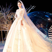 冬季 新娘女公主结婚长袖一字肩韩版绑带齐地长拖尾婚纱礼服