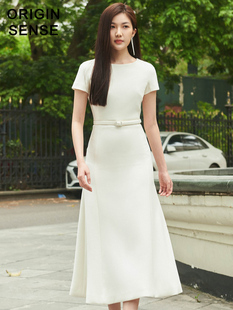 ORIGIN SENSE/知觉之门美式极简风格经典小圆领短袖纯白色A字长裙