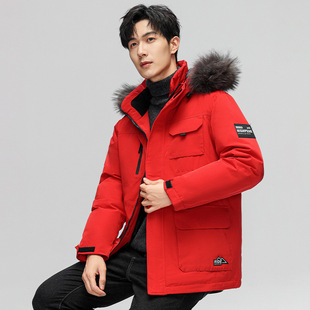 高端中青年男式休闲羽绒服，冬季款连帽外套红色，大毛领保暖防寒大衣