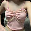 AOMR辣妹设计感蕾丝拼接吊带背心少女粉红色褶皱修身显瘦内搭上衣