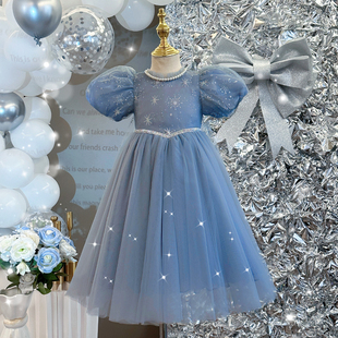 爱莎公主裙女童夏季重工洋气，蓝色艾莎连衣裙小女孩生日礼服裙子