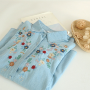 秋装日系风格穿搭甜美大片花朵刺绣牛仔衬衫女蓝色长袖衬衣春