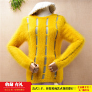 气质秋冬款黄色圆领条纹镂空长毛水貂，绒修身打底长袖，套头毛衣女(毛衣女)55