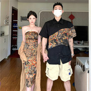 新中式情侣装夏季小众设计感短袖衬衫女两件套法式一裙一衣ins潮