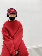 新年冬季男女中大童韩版抓绒加厚水洗做旧套头红卫衣上衣休闲